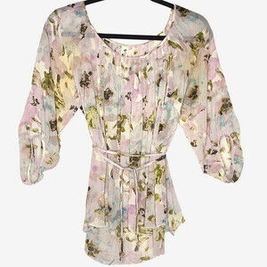 Floreat Womens Blouse 8 Purple Floral Sheer Silk 3/4 Sleeve Waist Tie Anthro